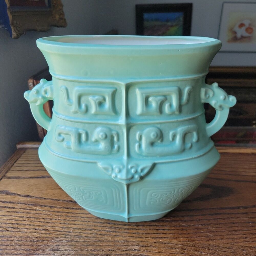 Vtg Studio Art Pottery Urn Vase Dragon Handled Mayan Motif Signed Meryl RARE MCM